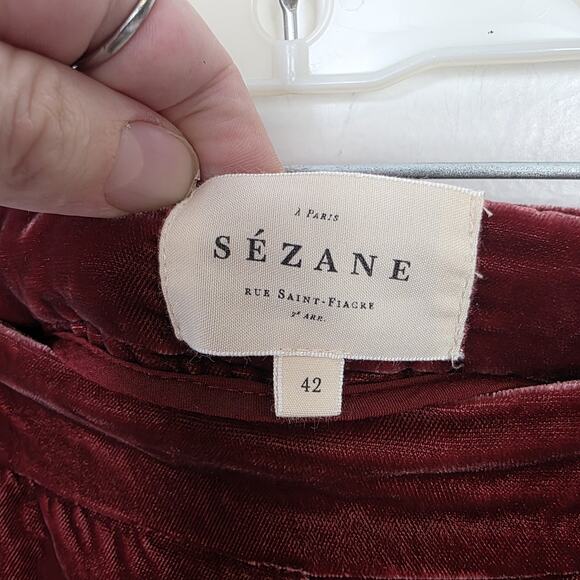 Sezane Dark Pink Crushed Velvet High Waisted Wide Leg Tyler Pants Size 10 - Picture 6 of 11